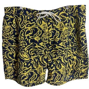 Michael Kors Swim Trunks XXL Blue Yellow Tropical Print Mesh Lined Drawstring
